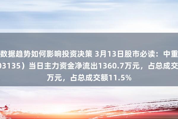 数据趋势如何影响投资决策 3月13日股市必读：中重科技（603135）当日主力资金净流出1360.7万元，占总成交额11.5%